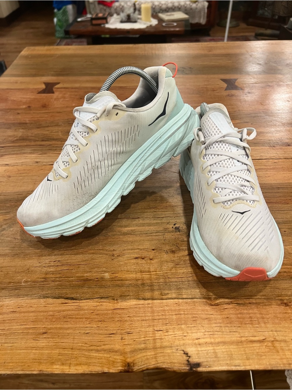 Hoka Women's Running Shoes in Ivory with Mint and Coral Accents